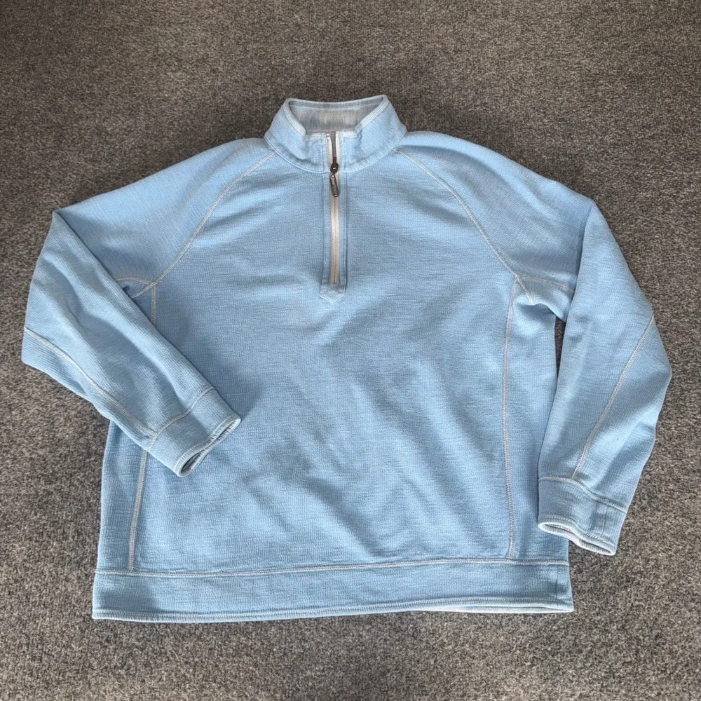 Tommy Bahama Mens Reversable Quarter Zip Pullover Light Blue Marled Knit Large